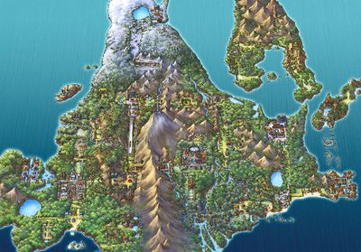 An illustrated map of the Sinnoh region, where Diamond and Pearl takes place.