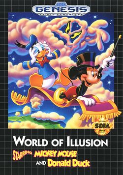 Box artwork for World of Illusion Starring Mickey Mouse and Donald Duck.