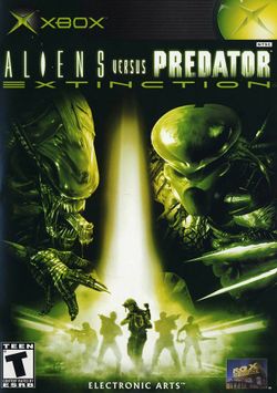 Box artwork for Aliens versus Predator: Extinction.