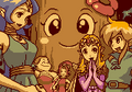 Link, Din, Nayru, Princess Zelda, Impa, and the Maku Tree rejoicing at the end of a Linked Game from Oracle of Ages