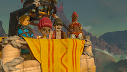 A screenshot of Link, Mattison, Hudson, and Rhondson riding in the Sun Baloon.