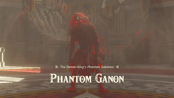 A screenshot of a Phantom Ganon inside the Throne Room. Text on-screen displays its name with the title "The Demon King's Phantom Saboteaur".