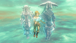 Link, Sonia, and Rauru floating in the Sky.