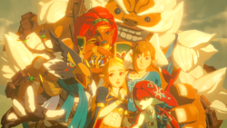 A screenshot of the Picture of the Champions, which depicts Revali and his fellow Champions being pulled into a group hug by Daruk.