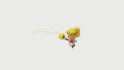 A screenshot of Zelda and Tri floating in a white void. Tri is holding onto Zelda's hand.
