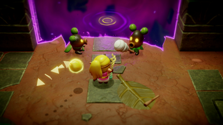 A screenshot of Zelda and Tri standing in front of a Rift inside of The Sweet Spot. Two Deku Scrubs stand on either side, one of whom is holding Cotton Candy.