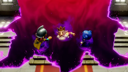 A screenshot of the King of Hyrule, Minister Lefte, and General Wright falling into the Rift in the Throne Room.