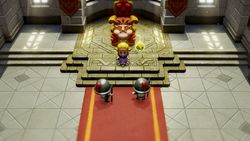 A screenshot of Zelda, the King of Hyrule, and Tri in the Throne Room of Hyrule Castle. Two Soldiers stand before them, and Zelda has lowered the hood of her Disguise.