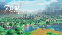 A screenshot of Princess Zelda standing on a cliff in Suthorn Forest that overlooks Hyrule. Hyrule Castle, Hyrule Castle Town, Lake Hylia, Eldin Volcano, and Hebra Mountain are all visible. The game's logo is present in the upper-left corner of the screen.