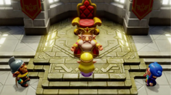 A screenshot of Princess Zelda standing before the King of Hyrule in the Throne Room. Minister Lefte and General Wright are standing by his sides.