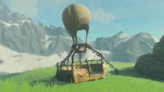 A screenshot of Robbie's Hot-Air Balloon outside of the Hateno Ancient Tech Lab