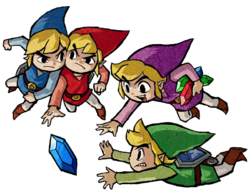 Les quatre Link qui se jettent sur un rubis dans Four Swords