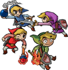 Un artwork qui représente les quatre Link en train de s'affronter durant une bataille de l'ombre.