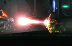 Samus launching a Diffusion Beam at a Ki-hunter.