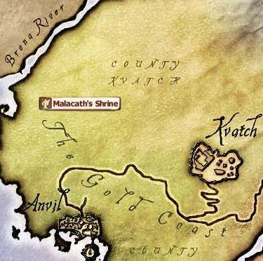 Malacath's shrine is North of Anvil in the wilderness