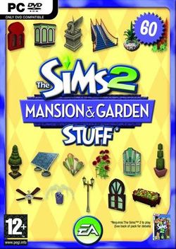 Box artwork for The Sims 2: Mansion & Garden Stuff.