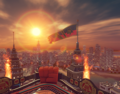 A view of the city, flag, and sun from Sky Arena.