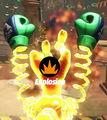 Ninjara falling down after being hit by an Explosion.