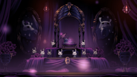 Bretta poses on a throne, surrounded by Zotes, at the center of a magenta-themed room with paintings of Grey Prince Zote