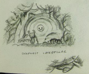 A sketch drawing featuring the Knight looking at Bardoon who is in front of them along with a sketch of his tail and the text "Deepnest Caterpillar".