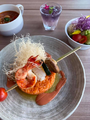 Seafood and Vegetable Brochette with Shrimp-Scented Umami Sauce (シーフードと野菜のブロシェット海老香る旨味ソース)