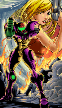 Samus in her Gravity Suit at the end of Metroid: Zero Mission