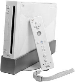 A picture of the Wii with a Wii Remote