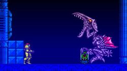 Ridley roars at Samus on the Ceres Space Colony