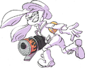 Official art of an Inkling wearing the Black Inky Rider, holding a Blaster.