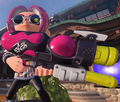 An Octoling holding the Splattershot Nova. Its design seems to be based on Super Soakers.