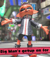 An Inkling posing while wearing Big Man's amiibo gear set, from the Deep Cut amiibo gear sets' reveal trailer