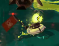 An empty egg cannon attached to the Lifesaver of a downed Octoling