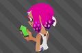 A pink female Inkling using a phone
