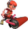 3D art for the Pocky Chocolate vs. Pocky: Gokuboso Splatfest, showing an Inkling Boy rolling a Carbon Roller.