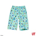Blue kids shorts with Judd, Li'l Judd and flag icons as a pattern sold by Uniqlo.