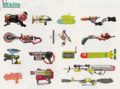 Concept art de différentes armes, avec le Rouleau carbone en haut à gauche.