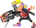 An Octoling wearing the Battlecrab Shell wielding a Range Blaster