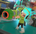 An Octoling with Inkling-exclusive hair and eyebrow styles wielding a Trizooka in an official advert