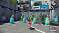 Squid Bumpers in the Shooting Range with one, two, and three mains of Defense Up.