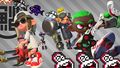 The Octoling Girl holding the Custom Hydra Splatling, is wearing the Red Hi-Horses