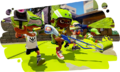 A female Inkling (center) wearing the Skate Helmet, holding a Classic Squiffer