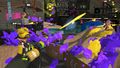 An Inkling firing the Heavy Splatling in Humpback Pump Track. Note the appearance is similar to the first game's but yellow.