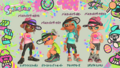 Inklings and Octolings wearing some of the promotional gear (Japanese text)