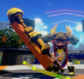 A female Inkling wearing just the Samurai Helmet, holding a Gold Dynamo Roller.