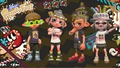 An Inkling (far left) wearing the New Year's Glasses DX in a promotional image for the Splatoon 2 FrostyFest gear.