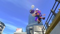 An Inkling holding the Luna Blaster Neo in the air.