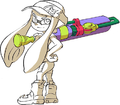 Official art of an Inkling wearing the FishFry Visor, holding a Splat Roller.