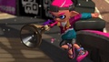 An Inkling Boy jumping off a wall with the Sploosh-o-matic.