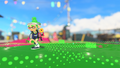 An Inkling wearing the Octo Jumper Away in a field of Ink Mines.