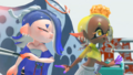 Deep Cut with shocked expressions after the New Squidbeak Splatoon offer them the treasure